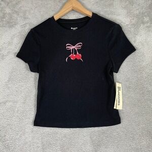 No Boundaries Cherry Graphic Tee Women Medium Black Bow Baby Tee Coquette Y2K
